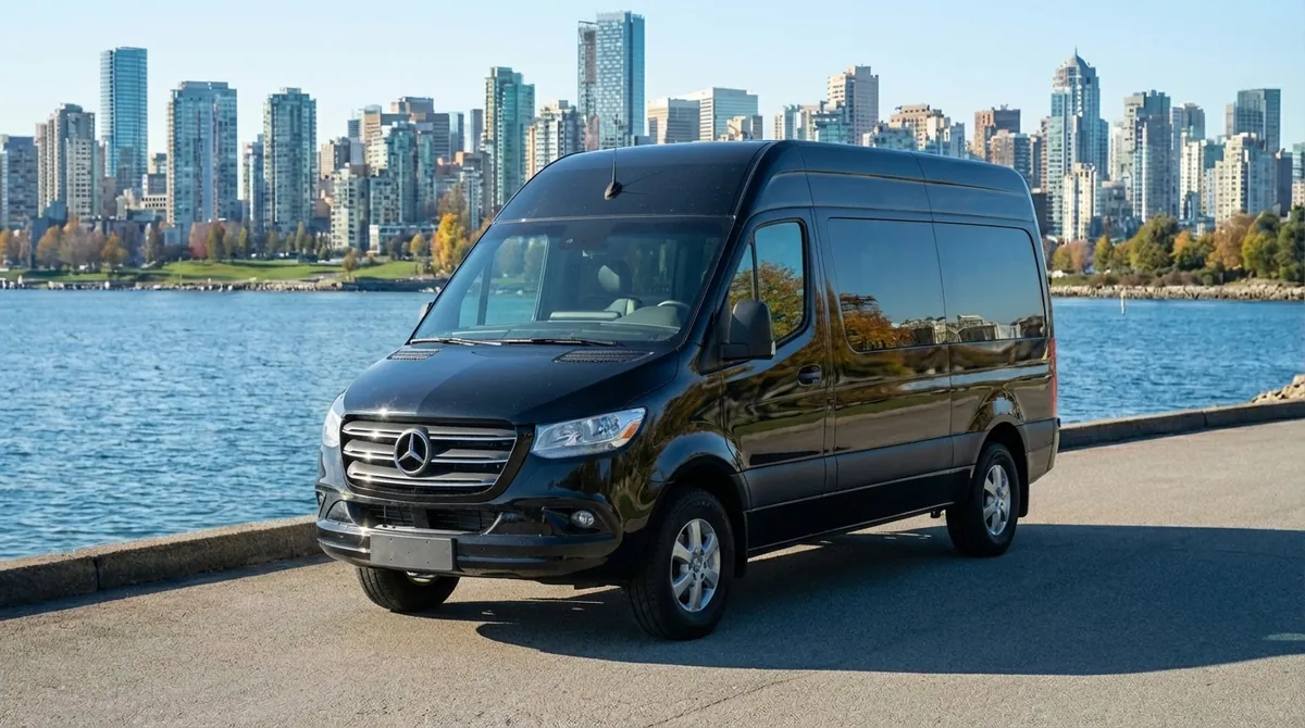 Black Mercedes-Benz Sprinter limo bus against the Vancouver skyline