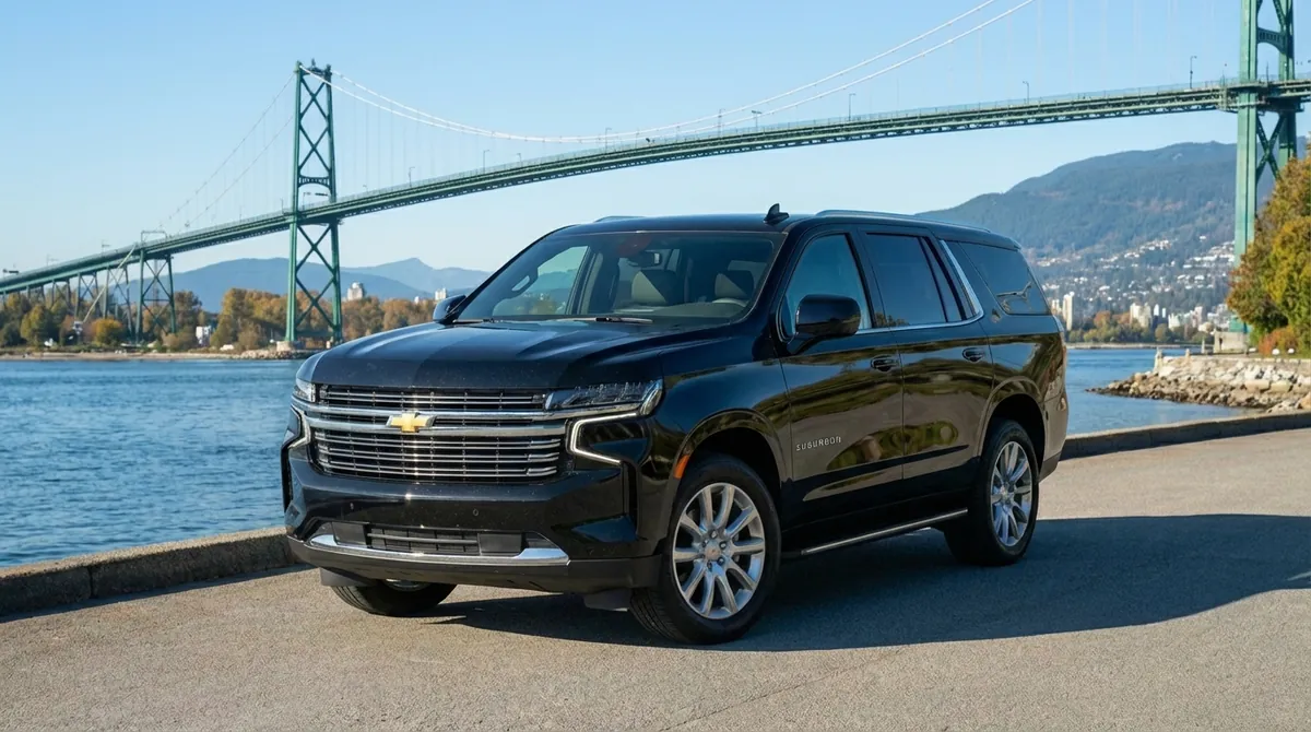 Black Chevrolet Suburban premium SUV by the Lions Gate Bridge in Vancouver