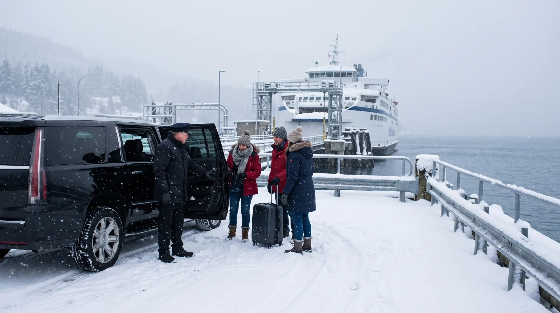 Black SUV at a snowy ferry terminal as a chauffeur opens the door for travellers in winter coats