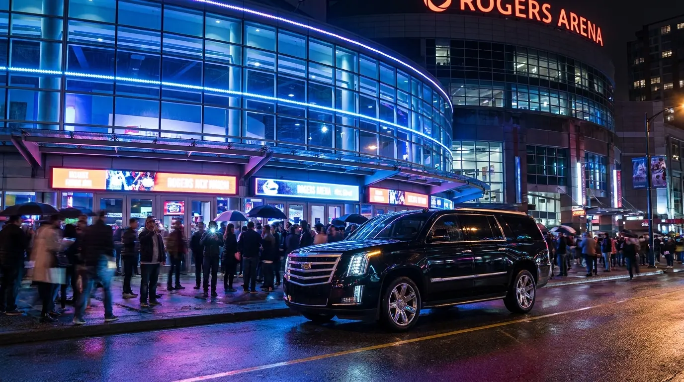 Black Cadillac Escalade at the arena doors on a concert night