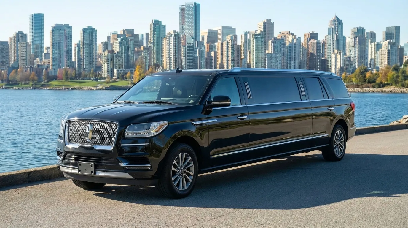 Black stretch limousine parked on the Vancouver waterfront