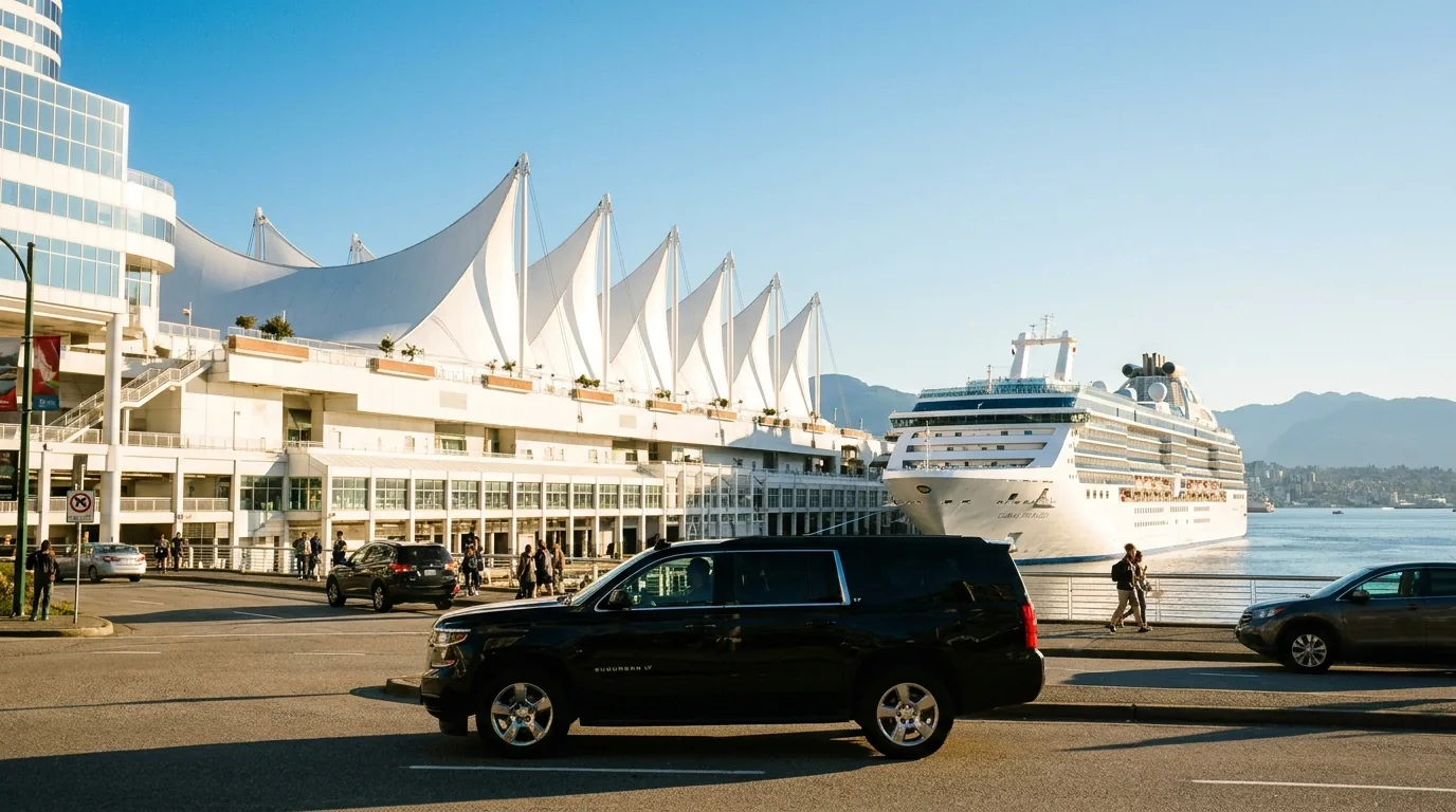 Black Chevrolet Suburban at Canada Place with a cruise ship behind