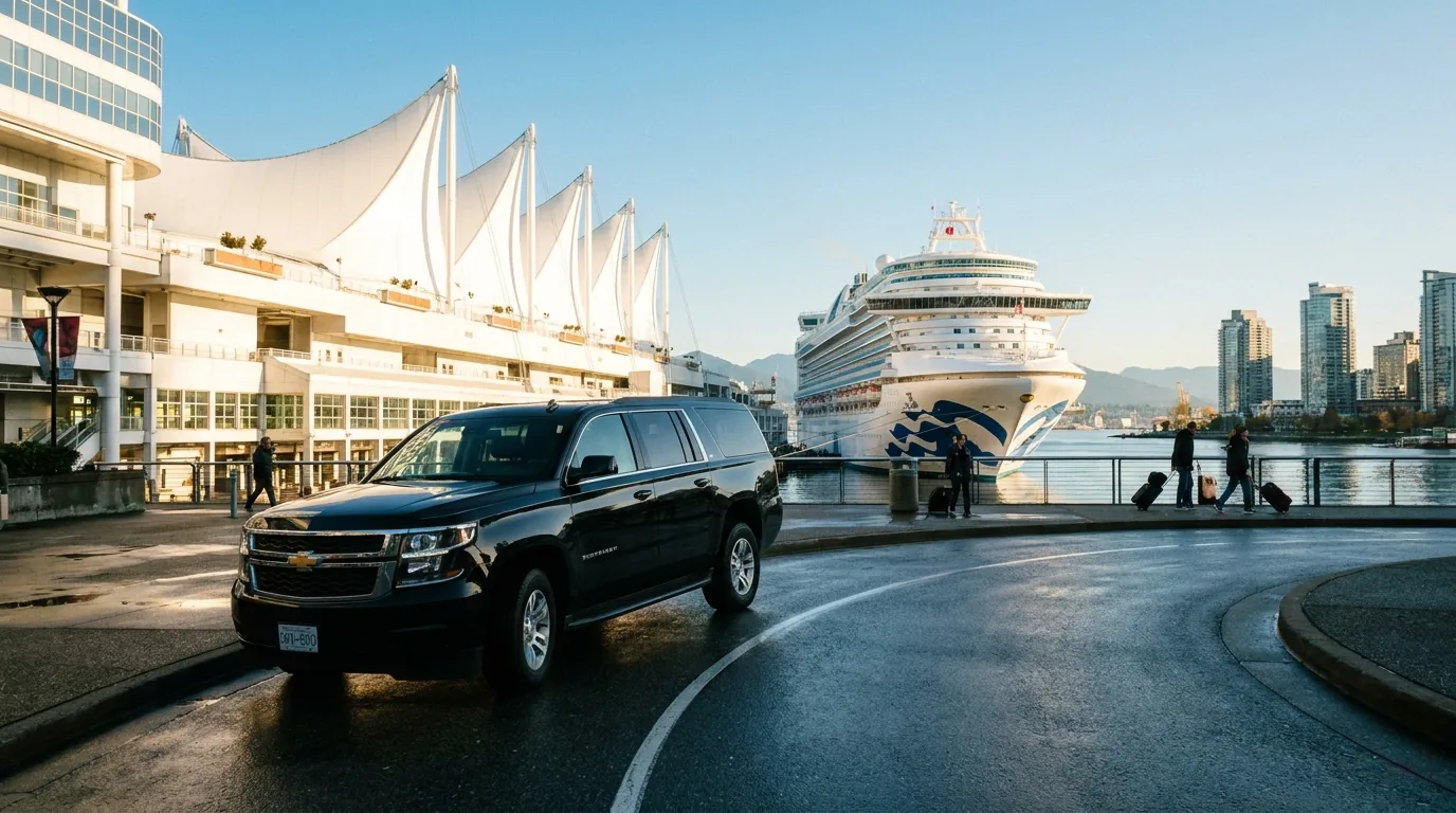 Canada Place cruise terminal with a ship berthed and a black SUV at the door