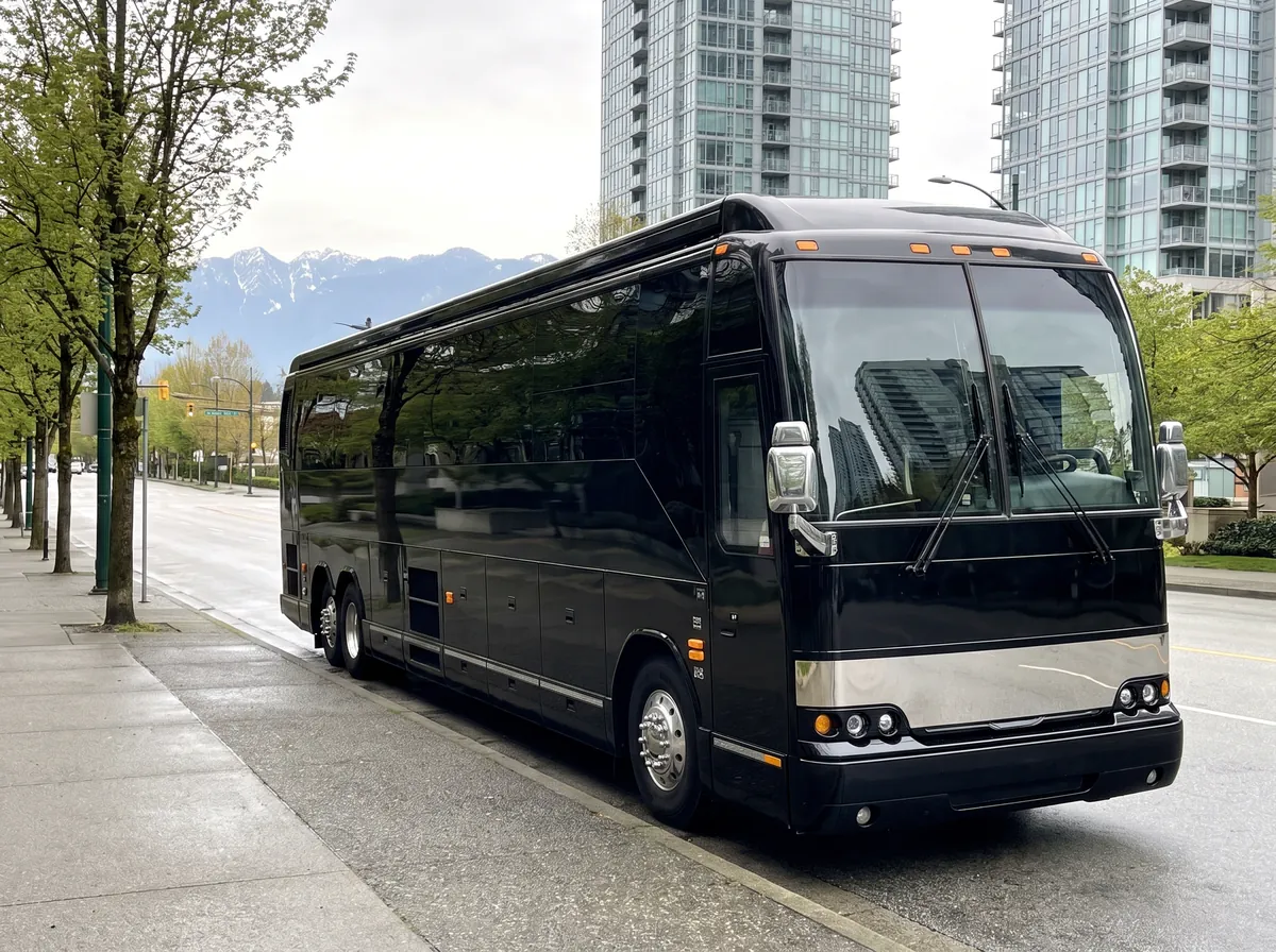 Black motorcoach parked, front three-quarter view
