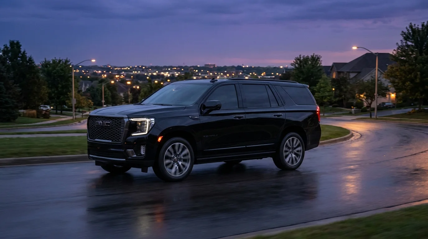 Black SUV on the road at dusk