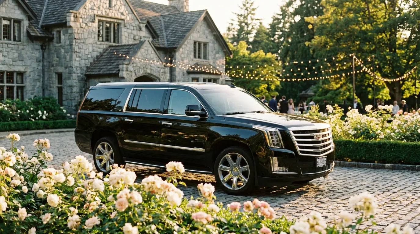 Black Cadillac Escalade on a garden driveway