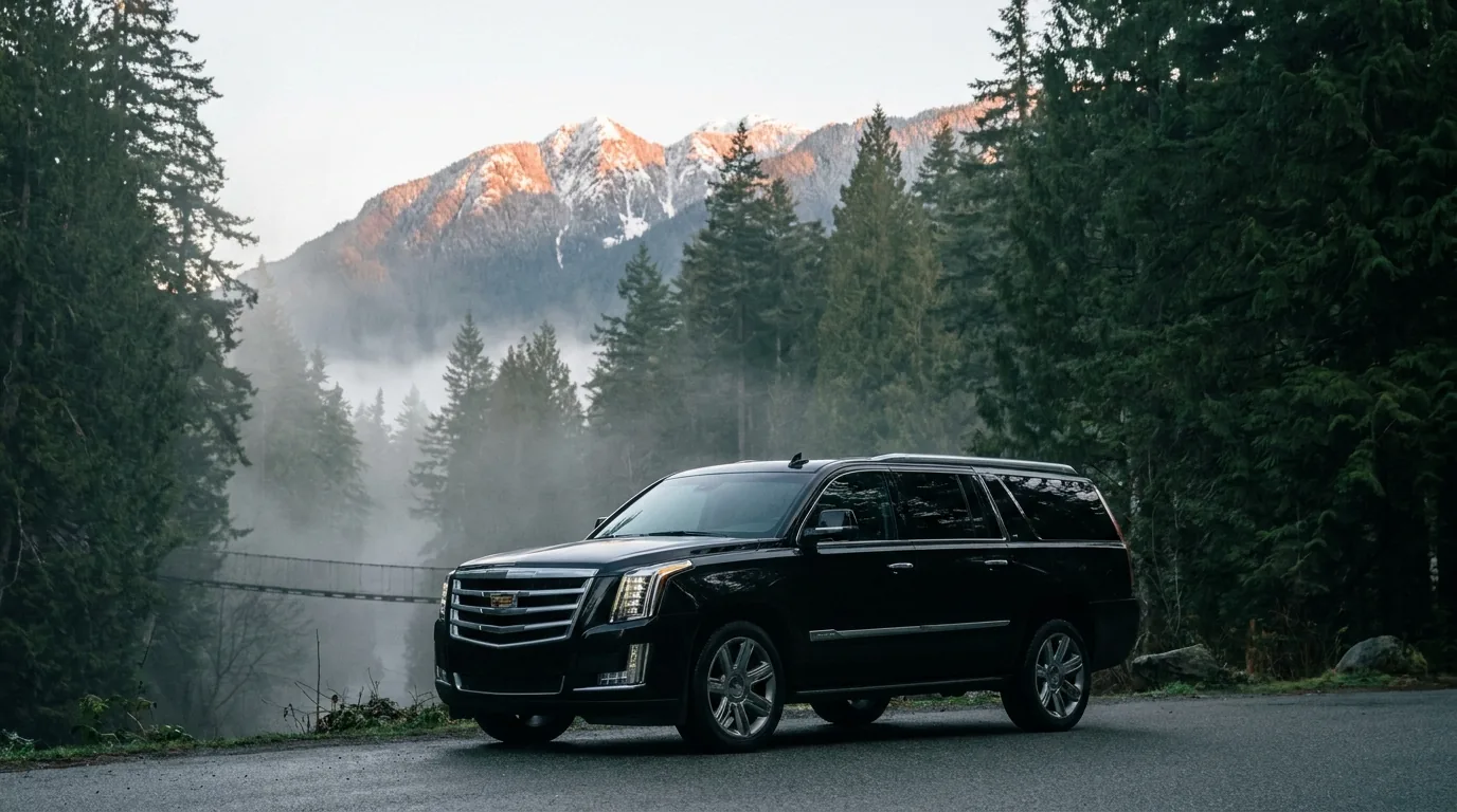 Black Cadillac Escalade on a forest road below the mountains