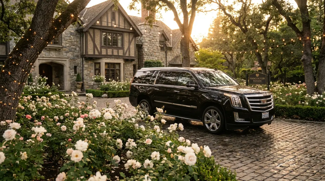 Black Cadillac Escalade waiting on a garden estate driveway at golden hour
