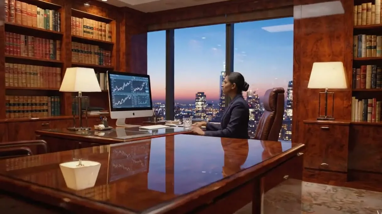 An executive office overlooking the city at dusk