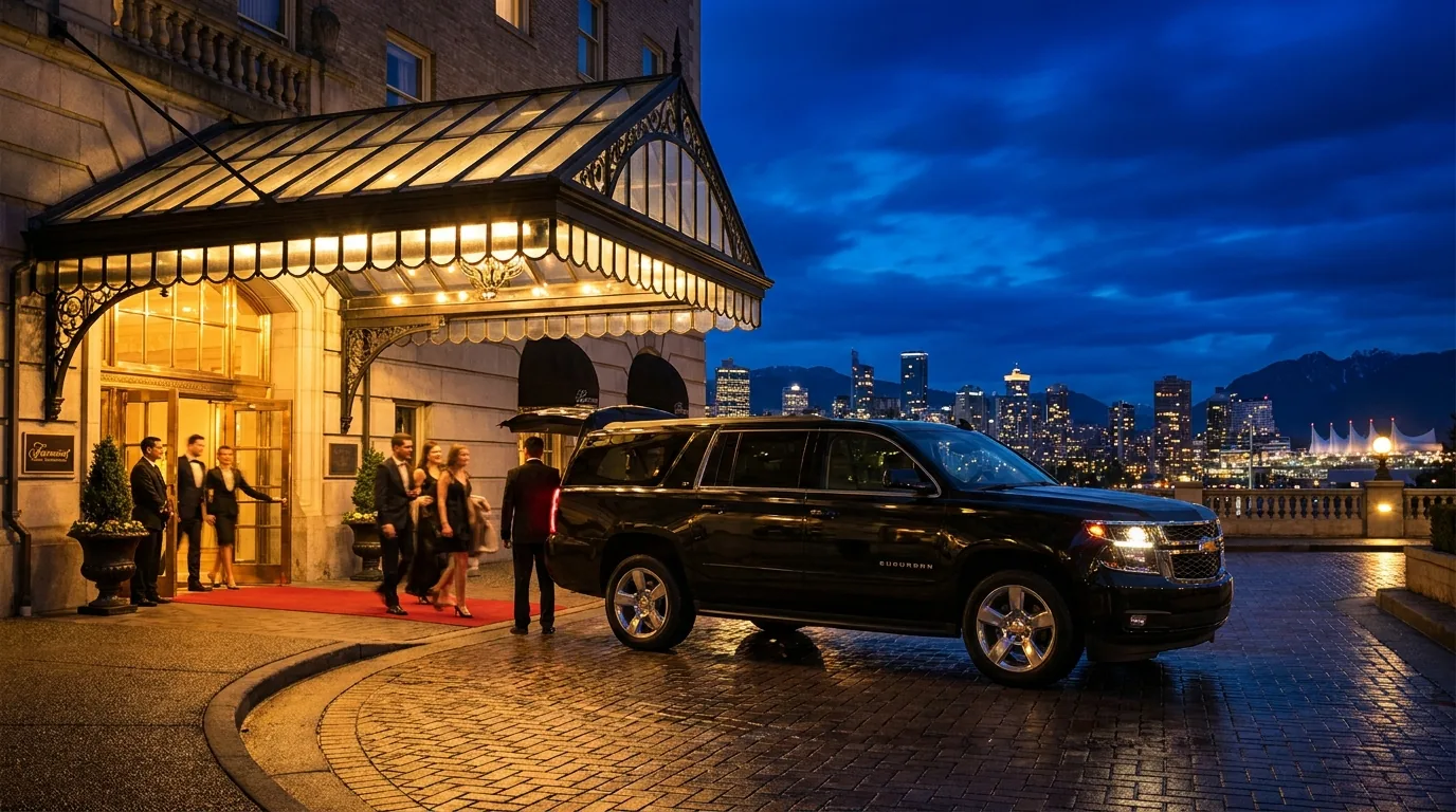 Guests in evening dress arriving at a grand hotel entrance beside a black Suburban