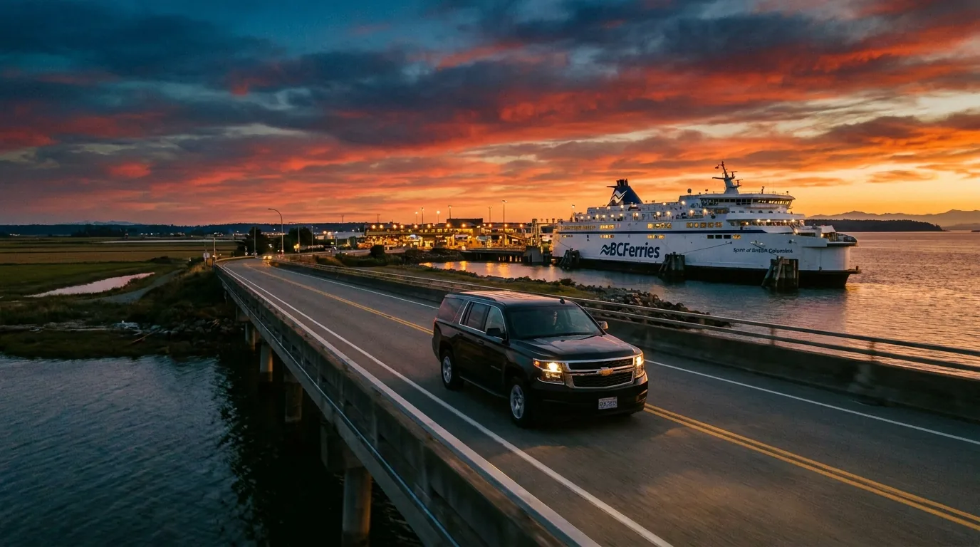 Black SUV on the causeway at sunset with a BC Ferries vessel berthed
