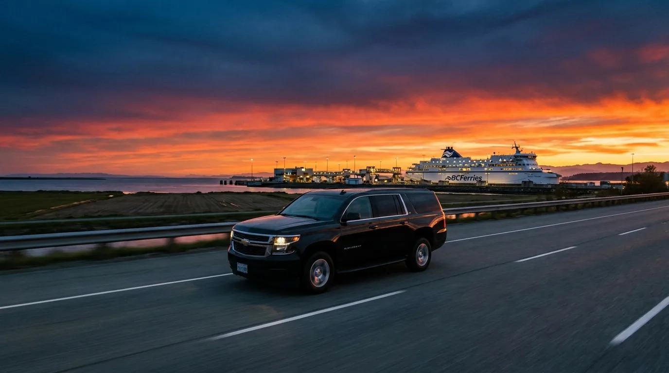 Black SUV on the causeway at sunset with a ship berthed behind