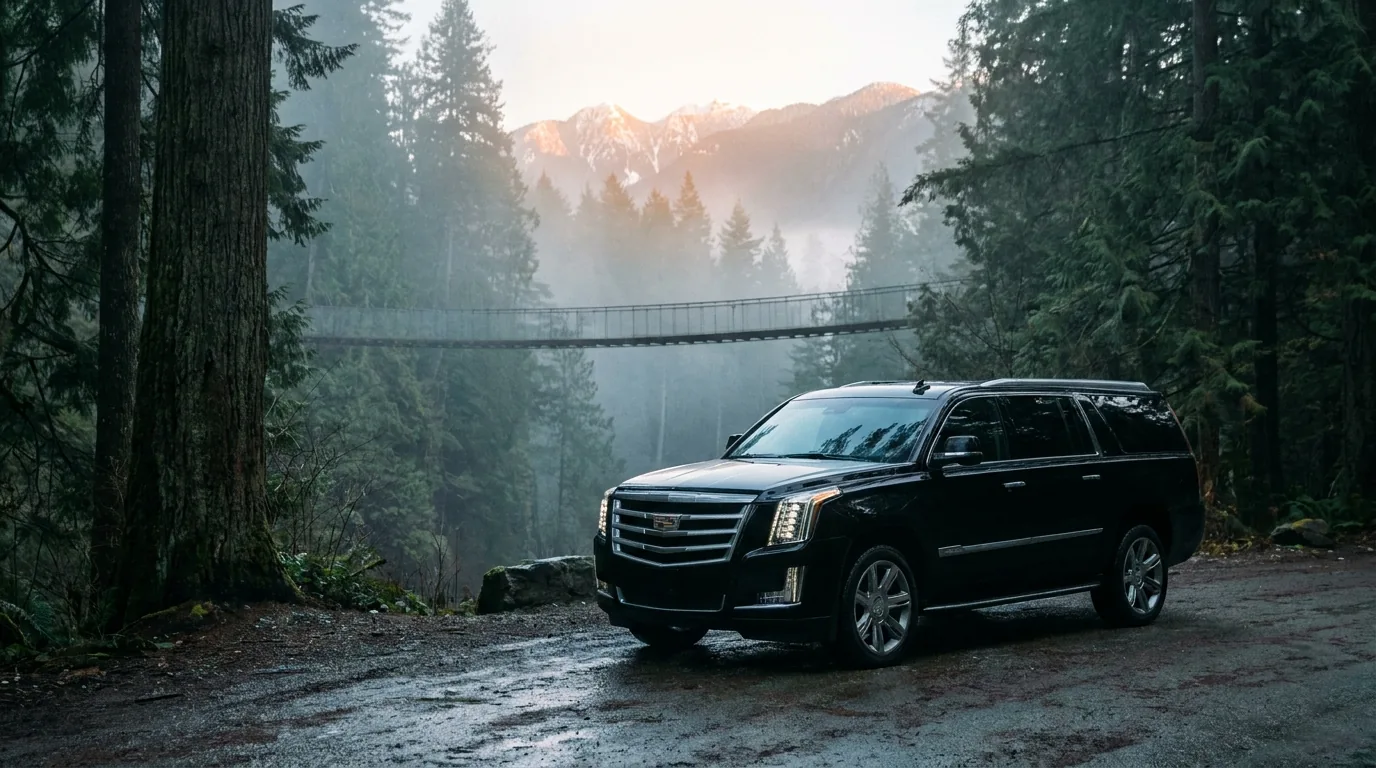 Black Cadillac Escalade on a forest road below the mountains