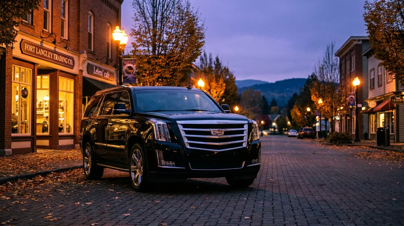 Black Cadillac Escalade on a Fort Langley street in the evening