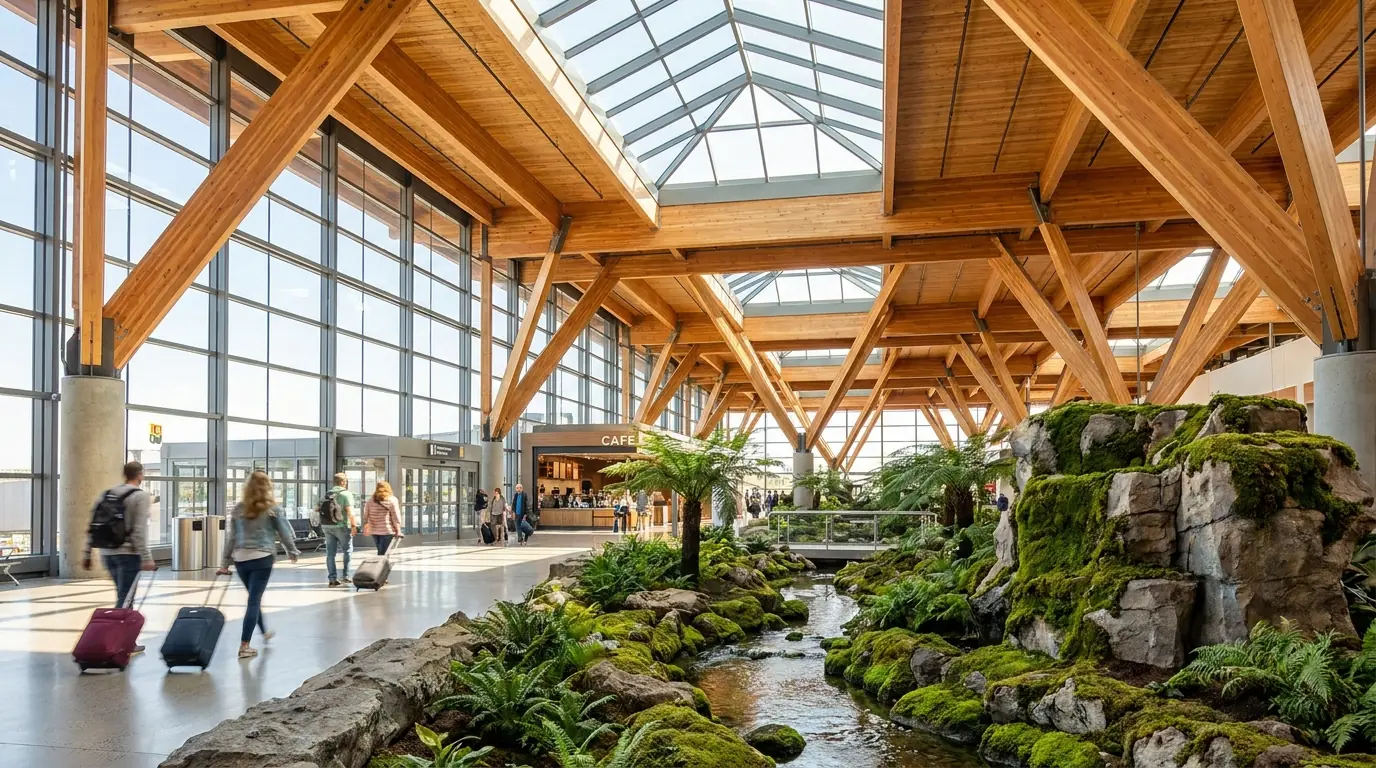 A bright airport terminal with timber beams and a glass roof