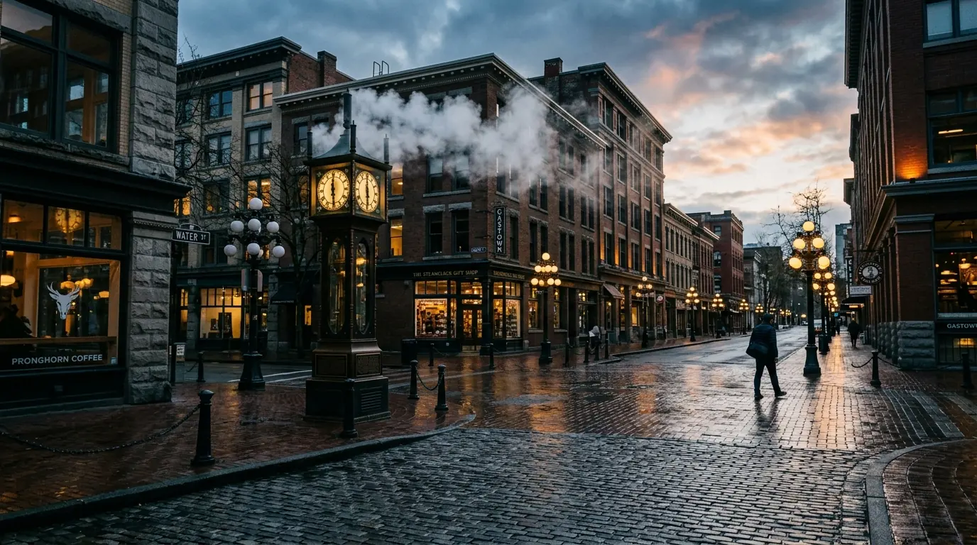The Gastown steam clock on Water Street at dawn