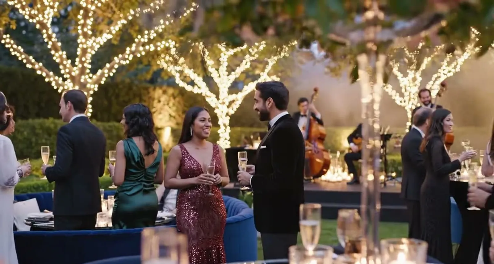 Guests celebrating at an evening event under string lights