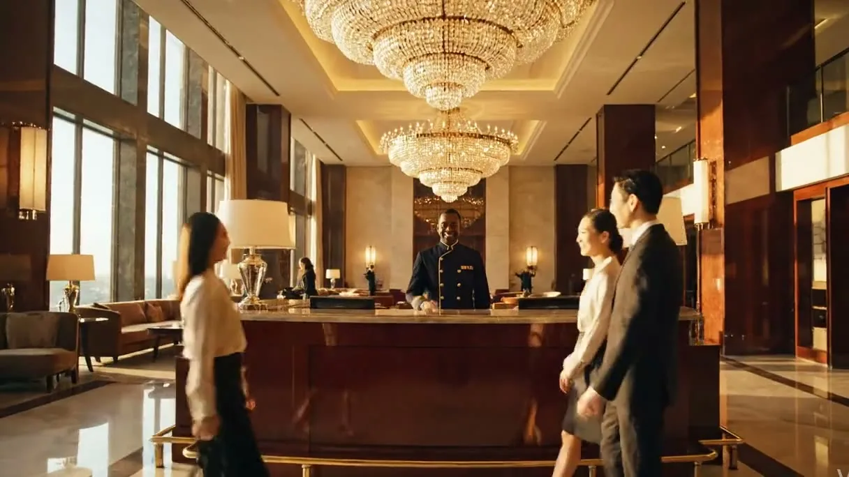 Guests being welcomed at a grand hotel reception desk