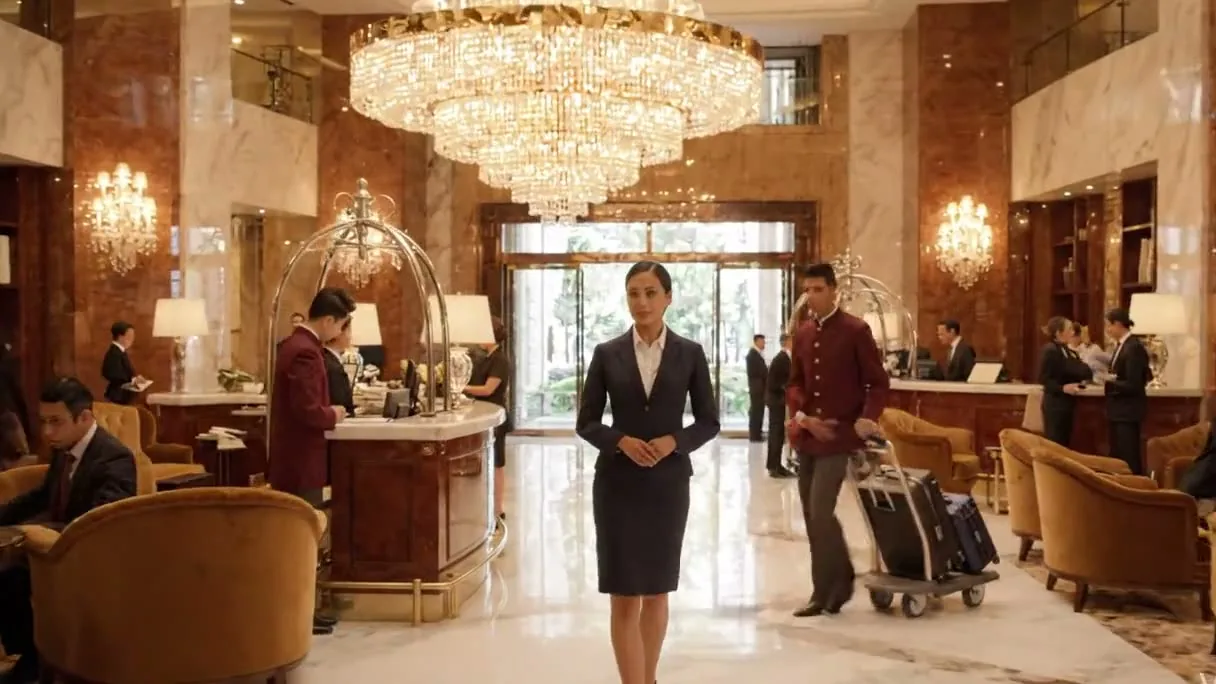 A marble hotel lobby at golden hour