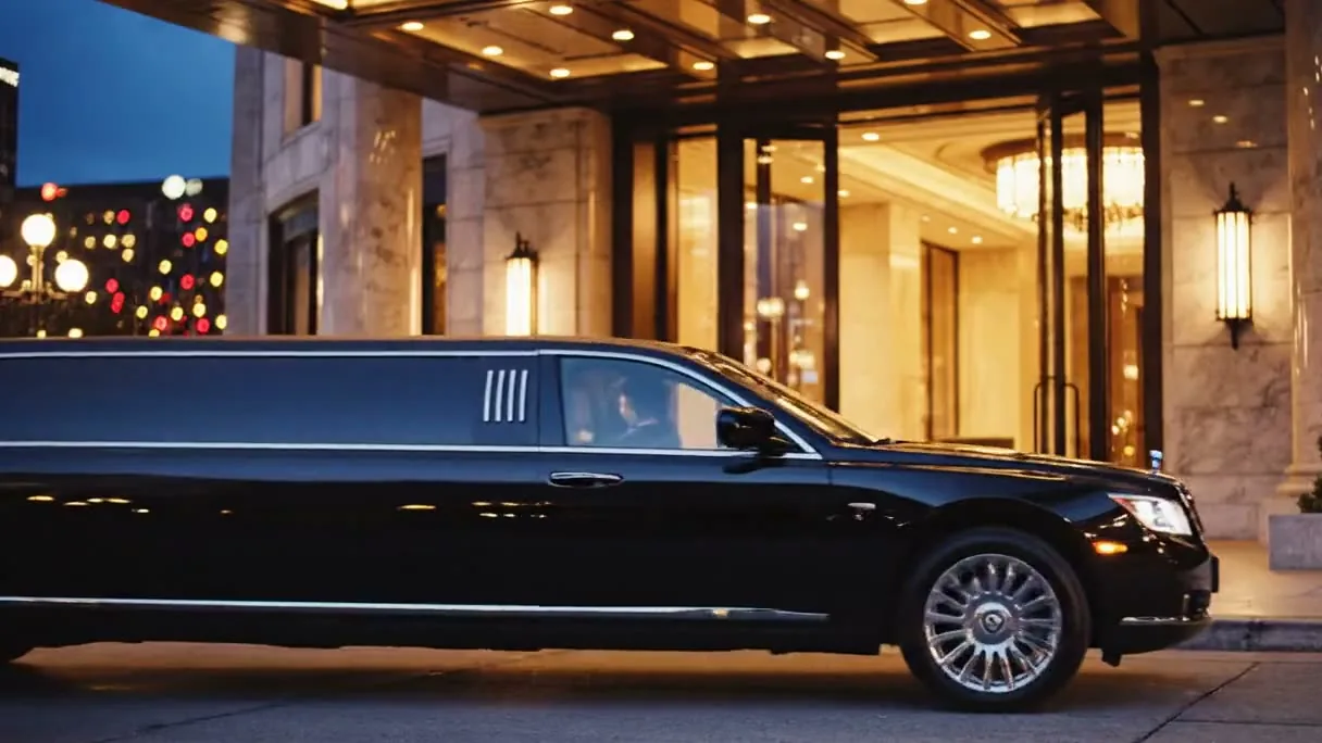 Black stretch limousine at a lit hotel entrance in the evening