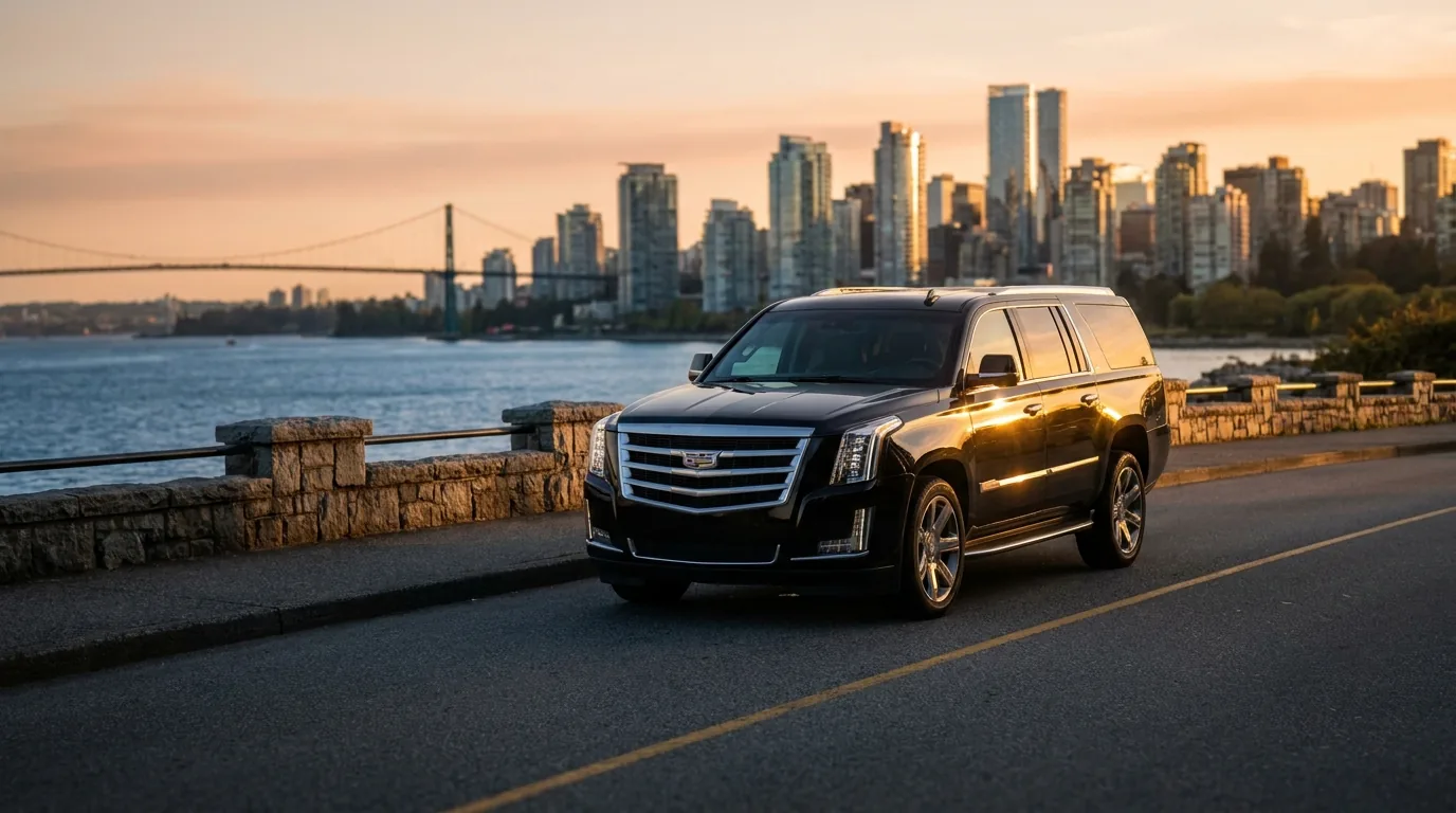 Black Cadillac Escalade on the causeway with the Vancouver skyline behind