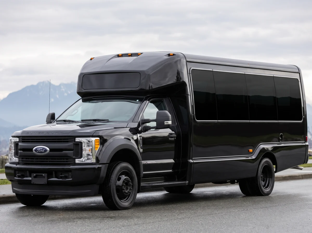 Black 20-passenger mini bus parked on a city street