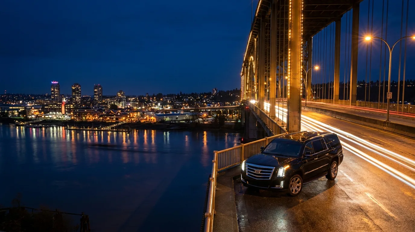 Black vehicle on a lit bridge at night