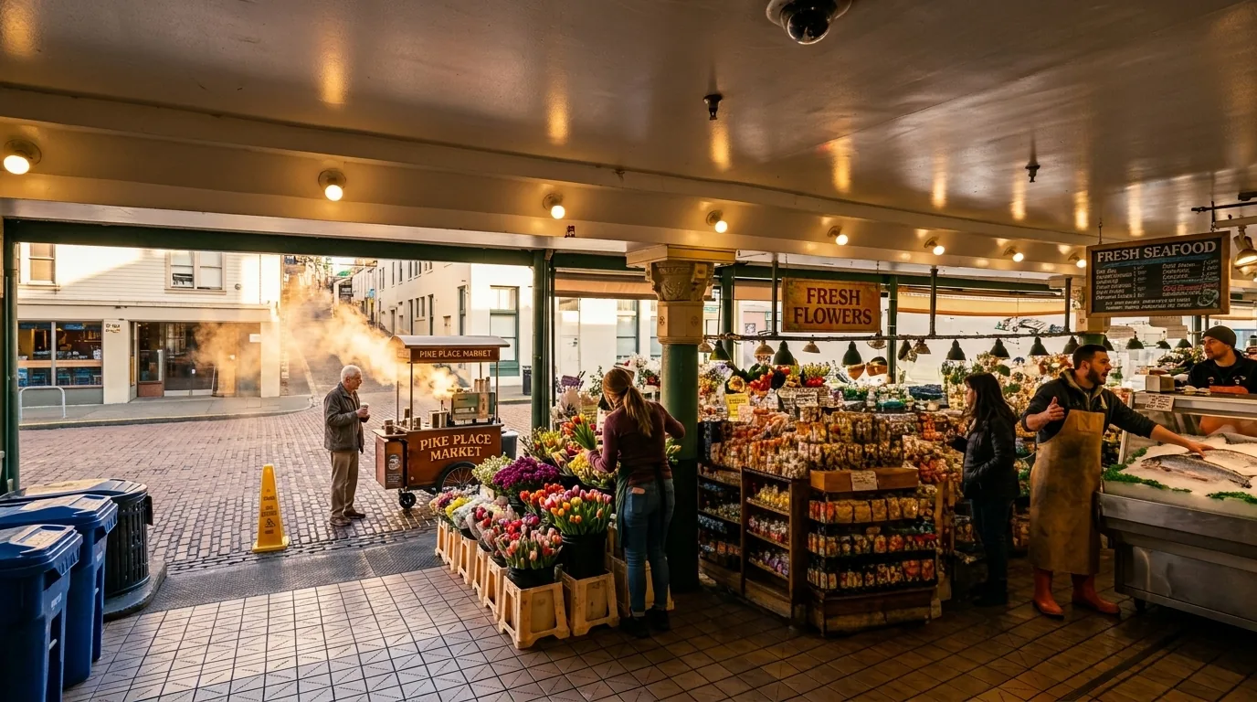 Flower and seafood stalls at Pike Place Market, Seattle