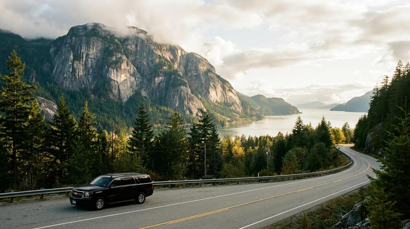 Black Chevrolet Suburban on the Sea-to-Sky Highway near Squamish
