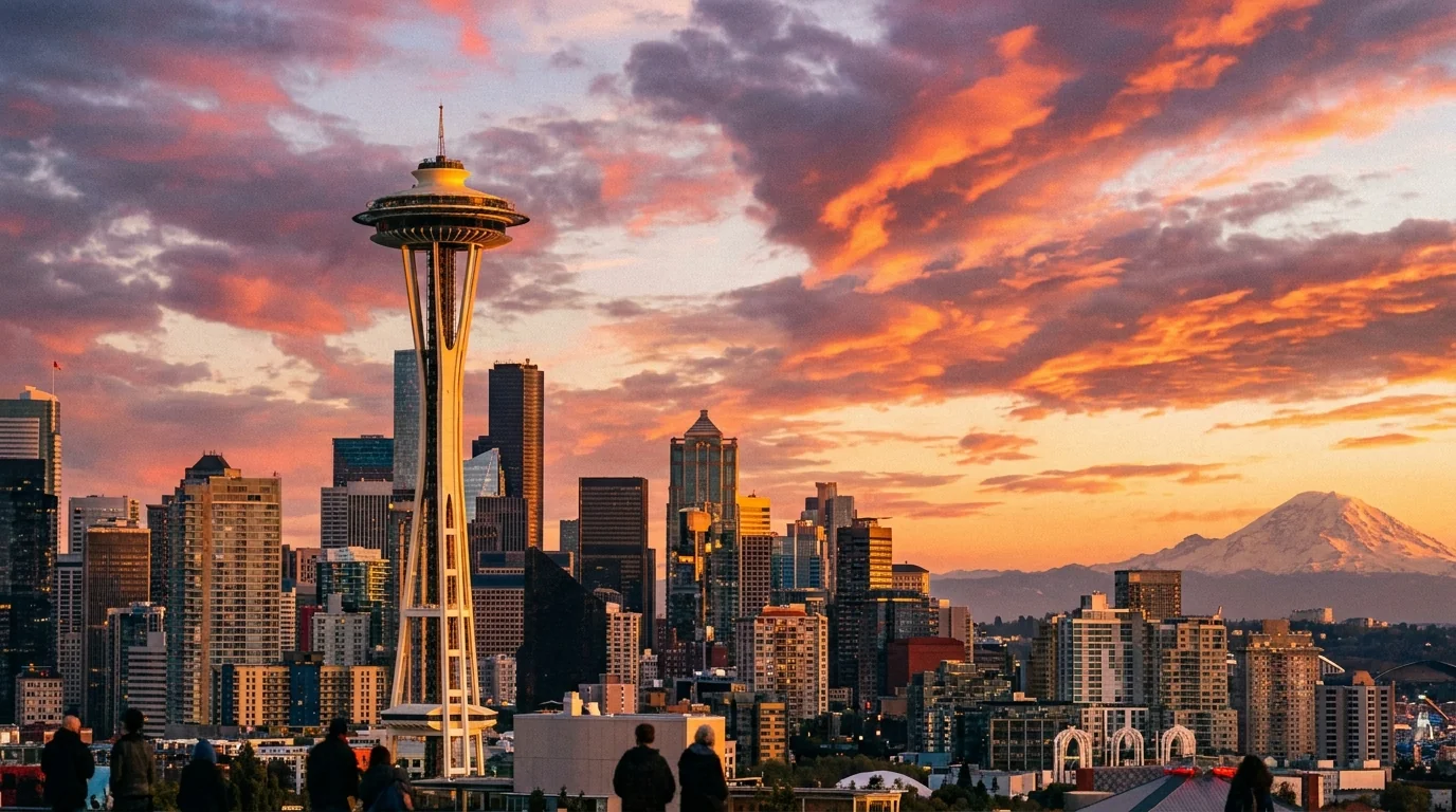 The Space Needle and the Seattle skyline at sunset, with Mount Rainier beyond