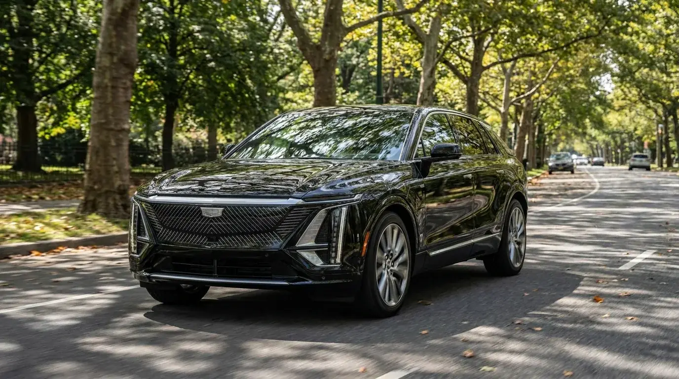 Black luxury sedan on a tree-lined boulevard