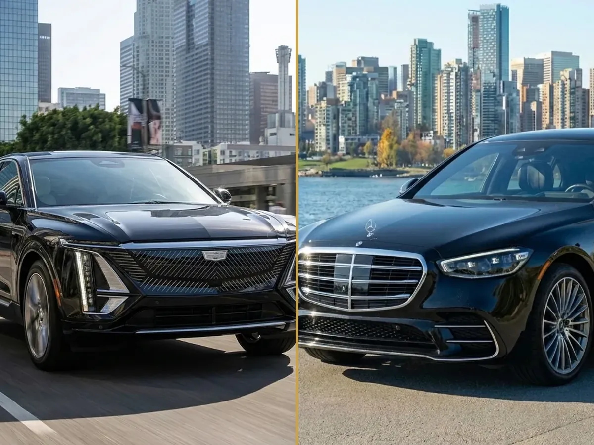 Two black luxury sedans: a Cadillac Lyriq on the left and a Mercedes-Benz S-Class on the right