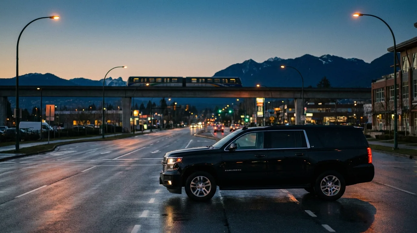 Black Chevrolet Suburban on a Lower Mainland road at dusk