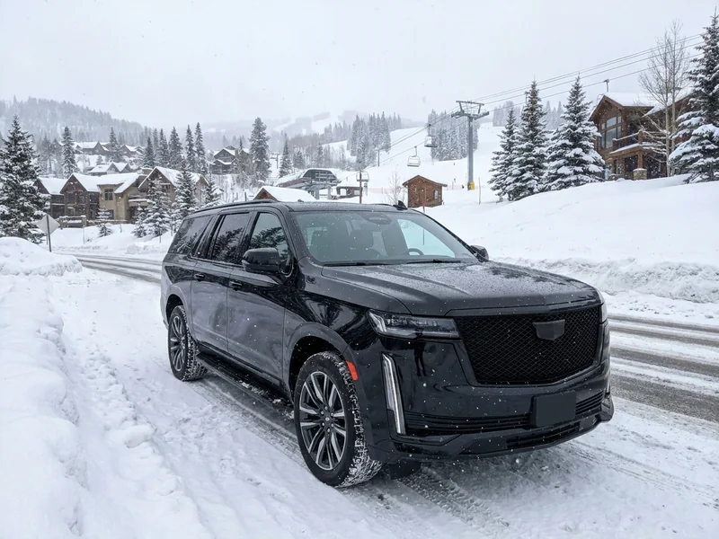 Black SUV on a snow-lined mountain road