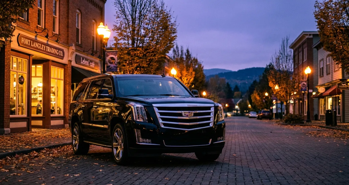 Black Cadillac Escalade on a tree-lined street at dusk