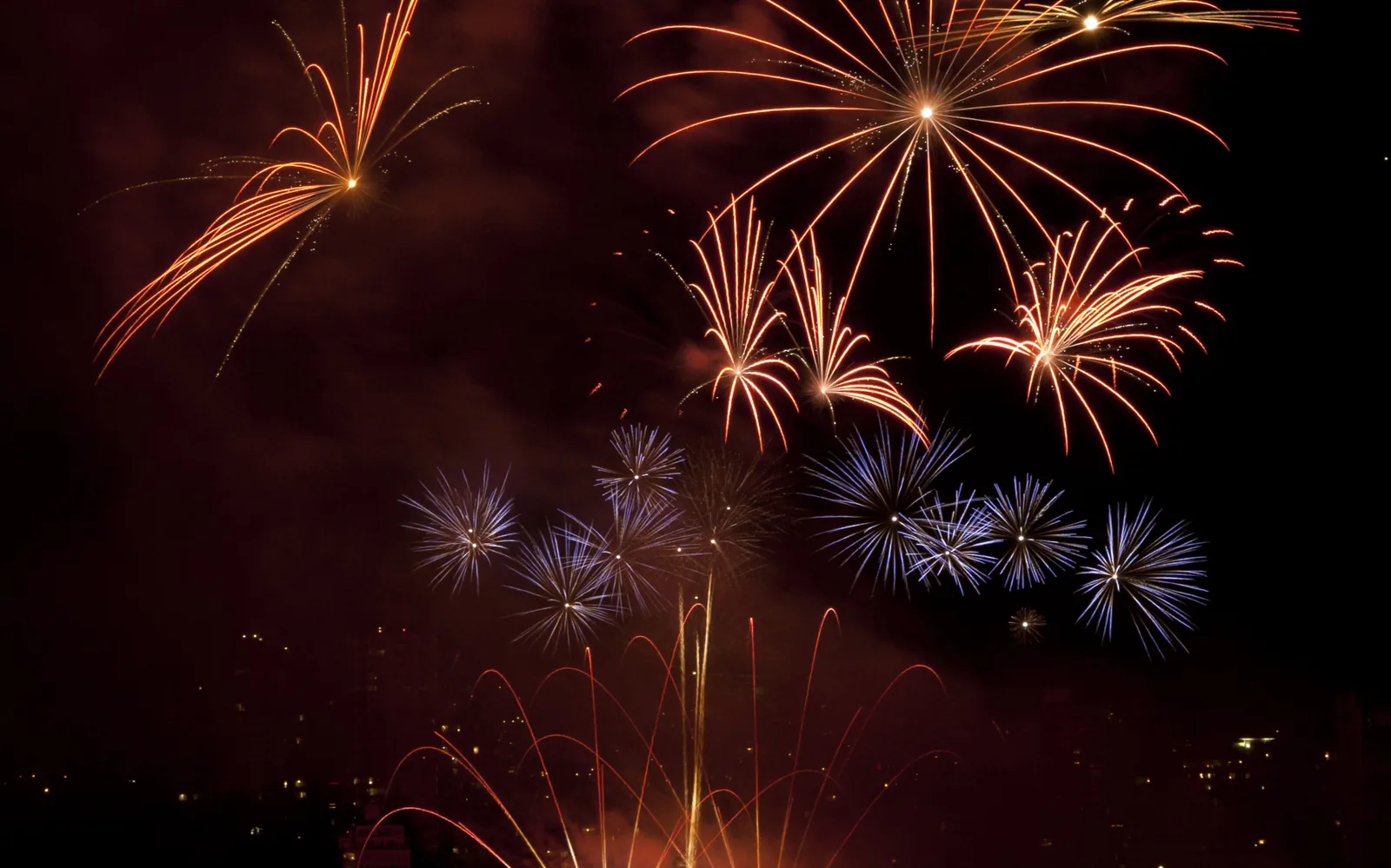 Fireworks over English Bay, Vancouver, at night