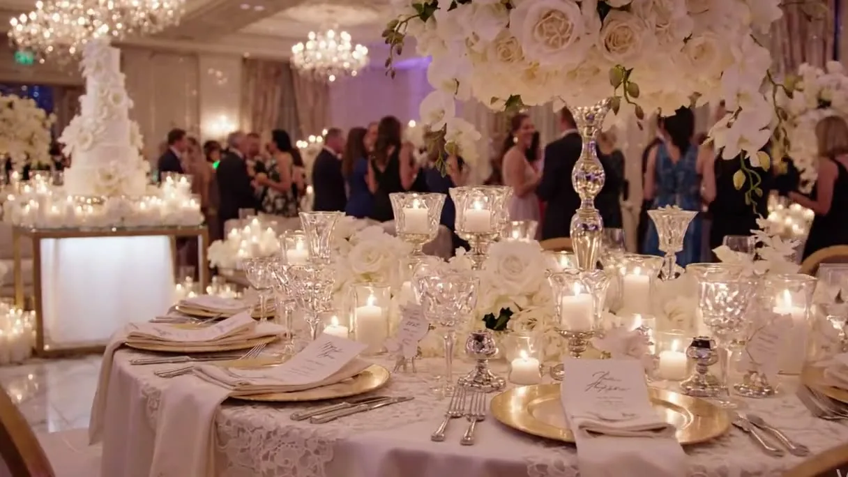 An outdoor wedding reception under strings of light