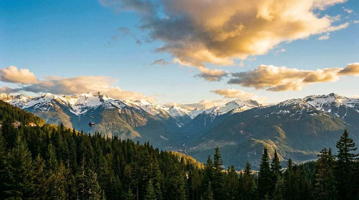 Snow-capped Coast Mountains with a gondola above the treeline at golden hour